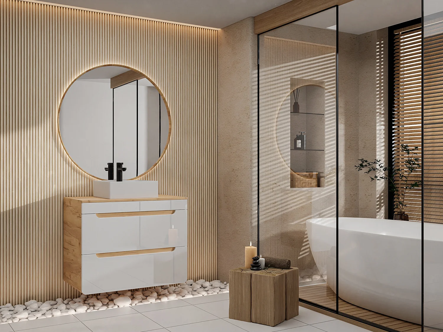 Meuble sous vasque suspendu avec planche - 80 cm - Naturel clair et blanc - ARUBA