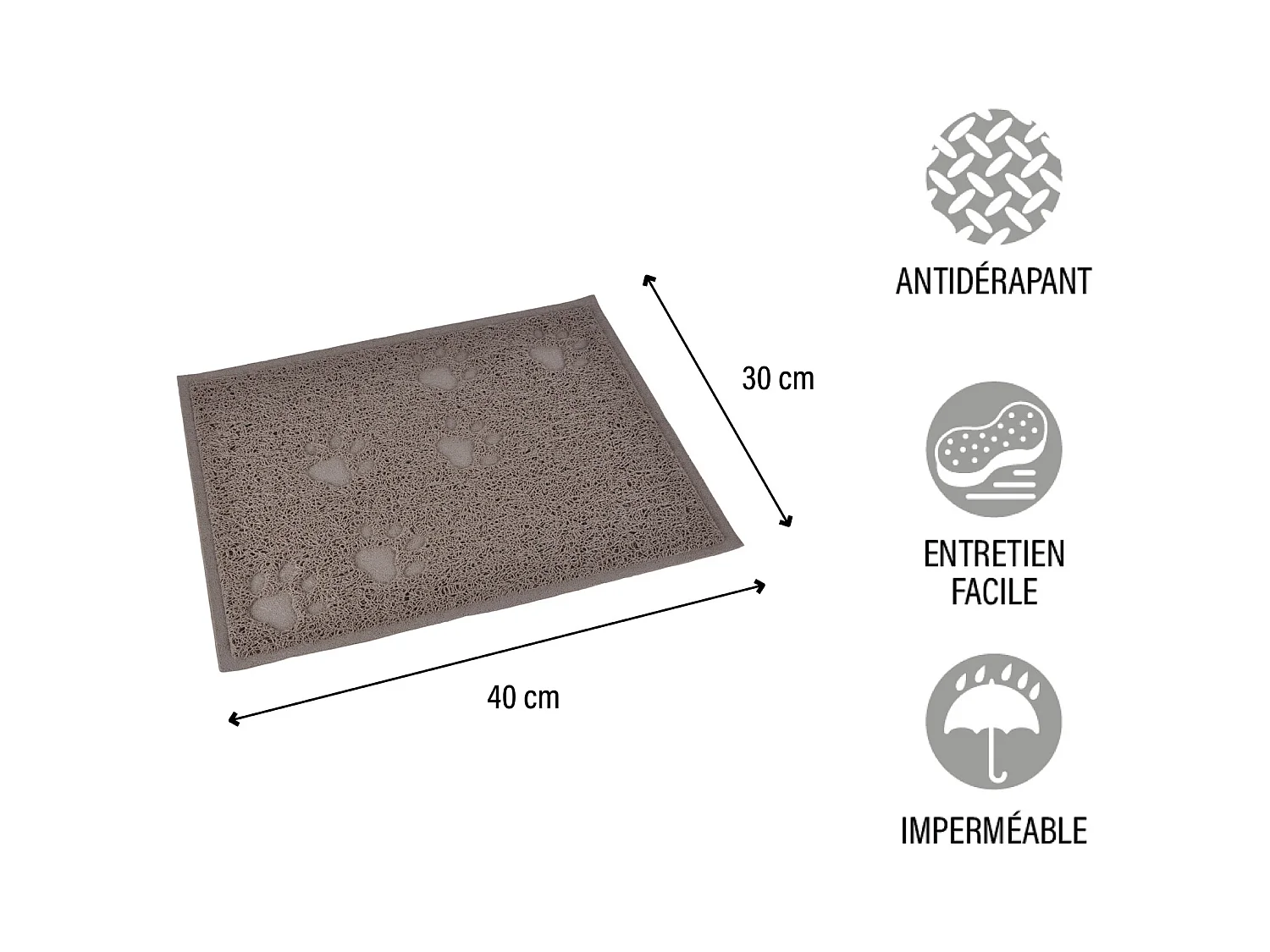 Tapis antiderapant litiere ou repas 30 x 40 cm taupe