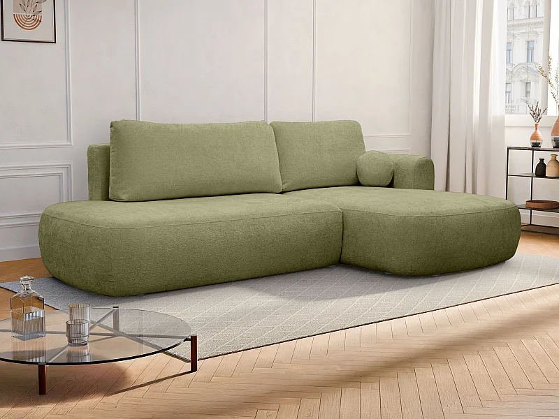 Canapé d'angle droit convertible en tissu chenille vert kaki BROCARO de Maison Céphy