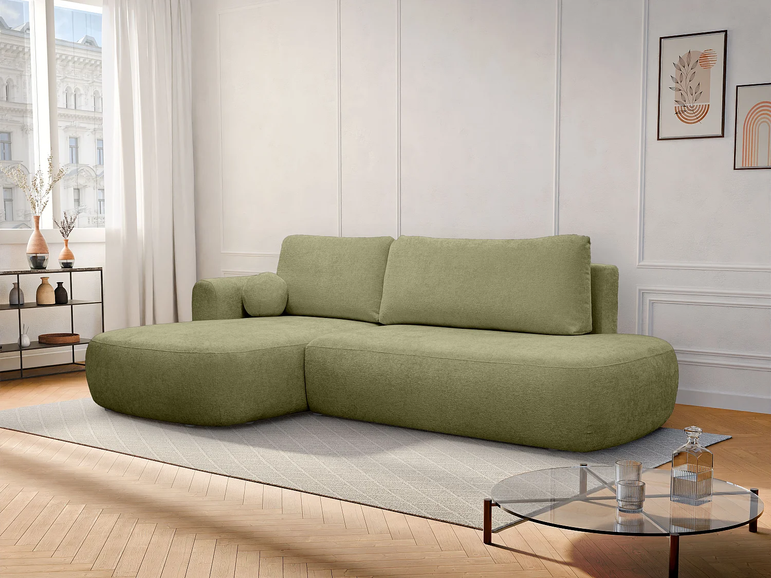 Canapé d'angle gauche convertible en tissu chenille vert kaki BROCARO de Maison Céphy