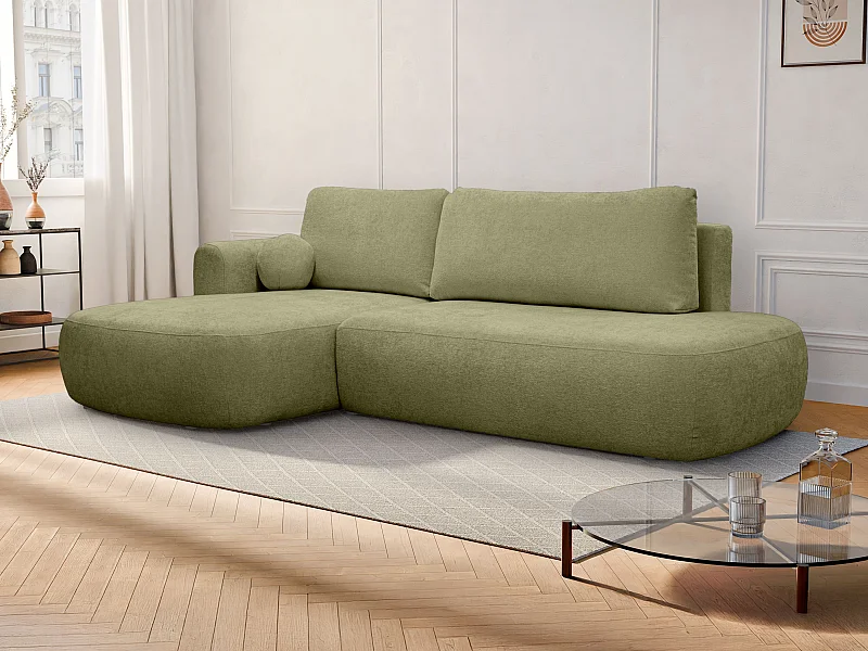 Slaapbank met linkse hoek in kakigroene chenille stof BROCARO van Maison Céphy