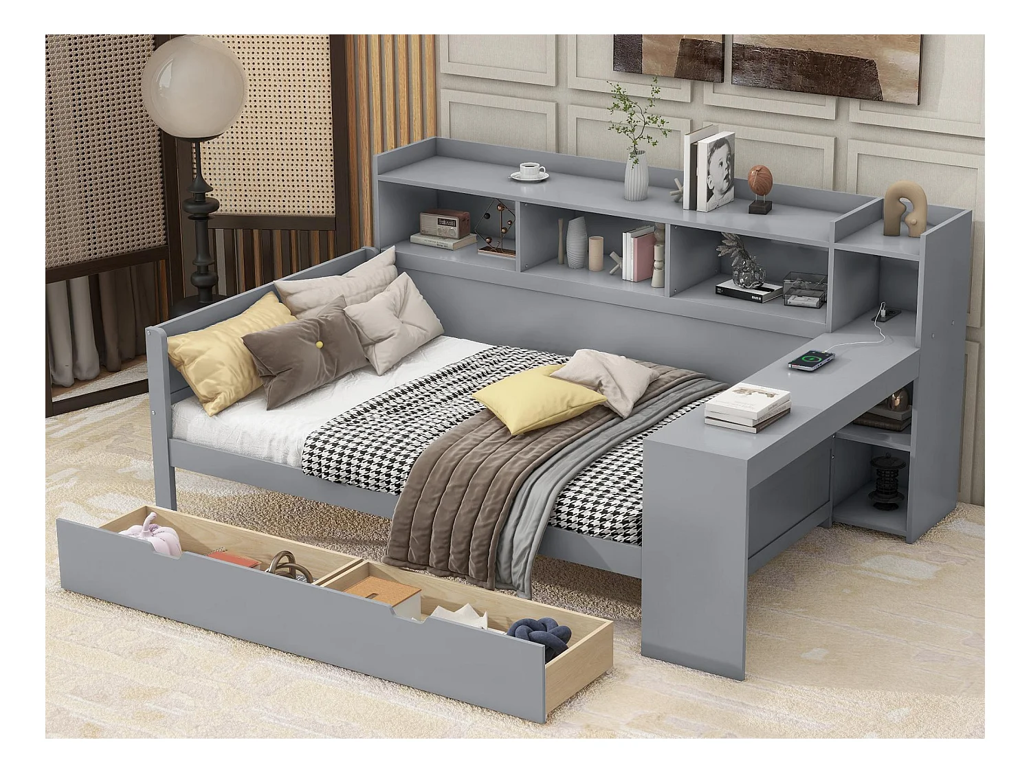 Lit banquette 90x200cm - bureau avec prise USB - 2 tiroirs & étagères - Gris (matelas non inclus)
