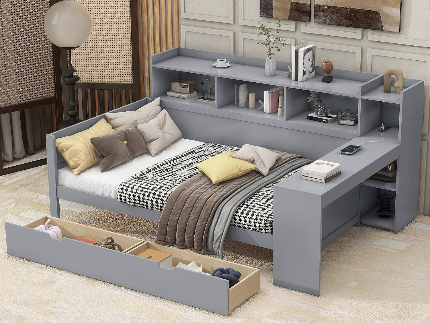 90 x 200 cm großes Tagesbett – Schreibtisch mit USB-Anschluss – 2 Schubladen und Regale – Grau (Matratze nicht im Lieferumfang enthalten)