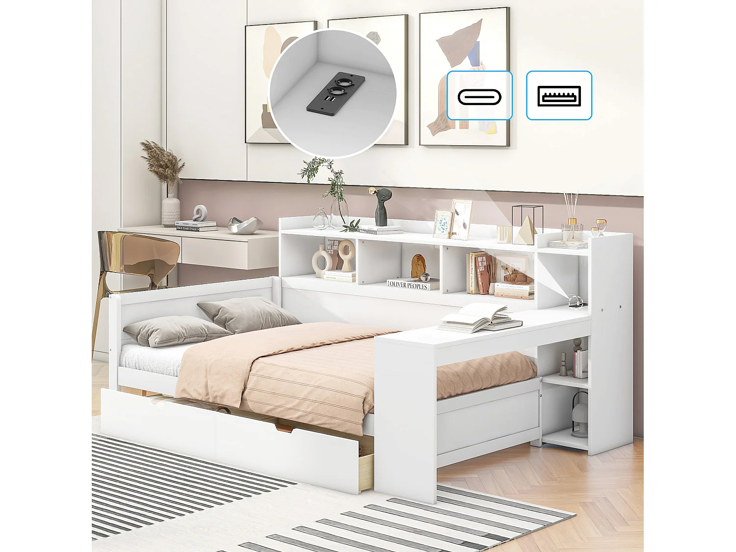 Dagbedbed 90x200cm - bureau met USB-aansluiting - 2 laden en planken - Wit (matras niet inbegrepen)