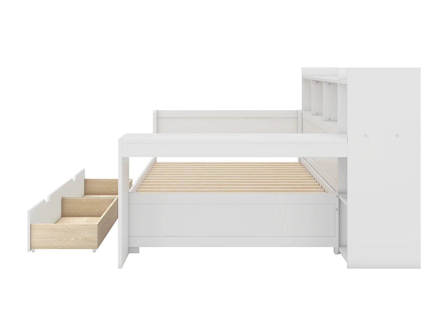 Dagbedbed 90x200cm - bureau met USB-aansluiting - 2 laden en planken - Wit (matras niet inbegrepen)