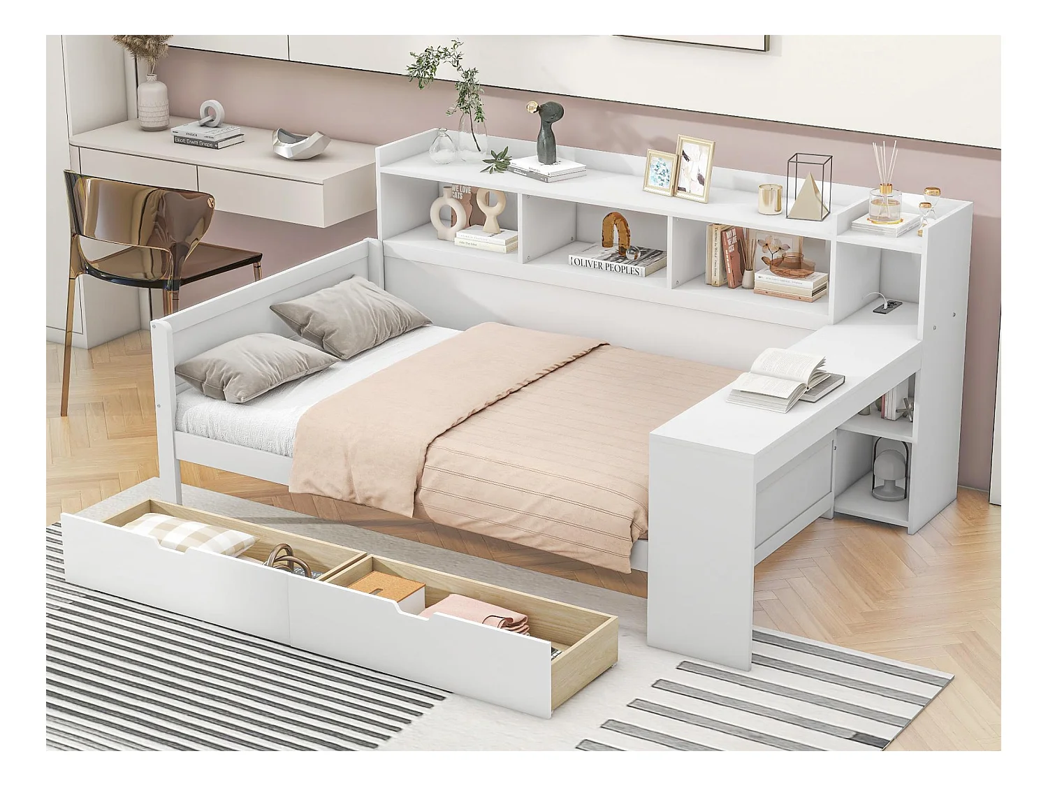 Dagbedbed 90x200cm - bureau met USB-aansluiting - 2 laden en planken - Wit (matras niet inbegrepen)