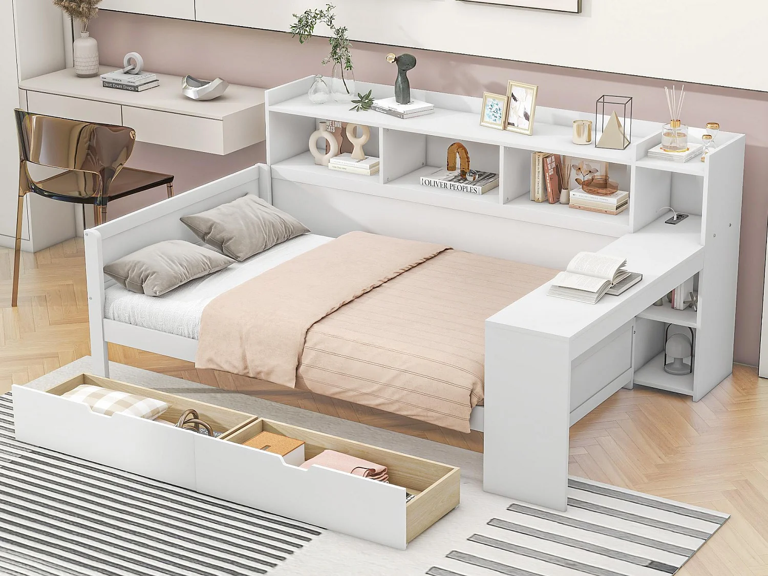 Espreguiçadeira 90x200cm - secretária com tomada USB - 2 gavetas e prateleiras - Branco (colchão não incluído)