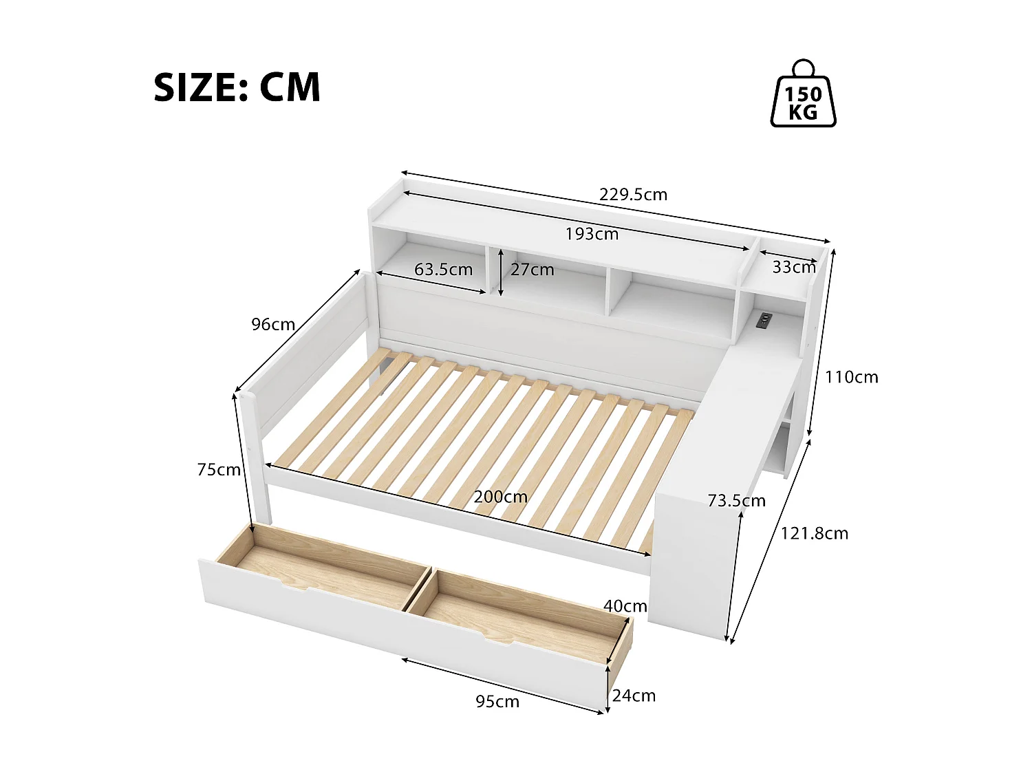 Espreguiçadeira 90x200cm - secretária com tomada USB - 2 gavetas e prateleiras - Branco (colchão não incluído)