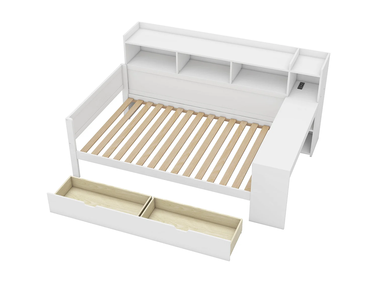 Espreguiçadeira 90x200cm - secretária com tomada USB - 2 gavetas e prateleiras - Branco (colchão não incluído)