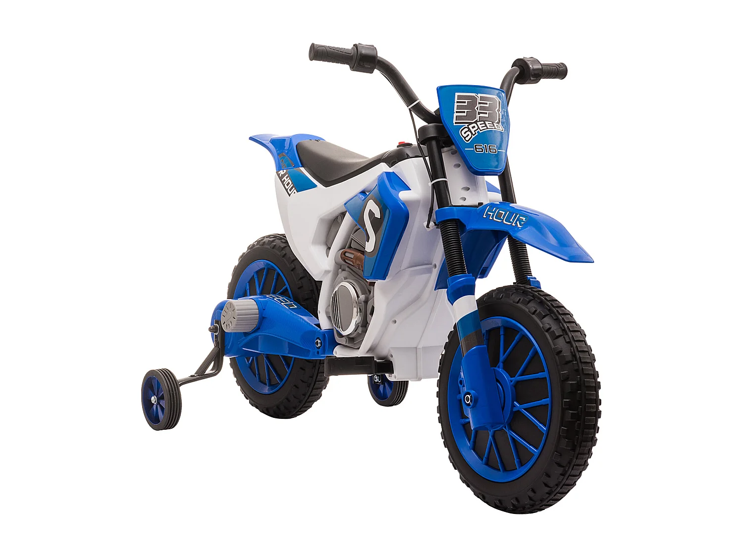Moto cross électrique enfant 3 à 5 ans 12 V 3-8 Km/h  avec roulettes latérales amovibles dim. 106,5L x 51,5l x 68H cm bleu