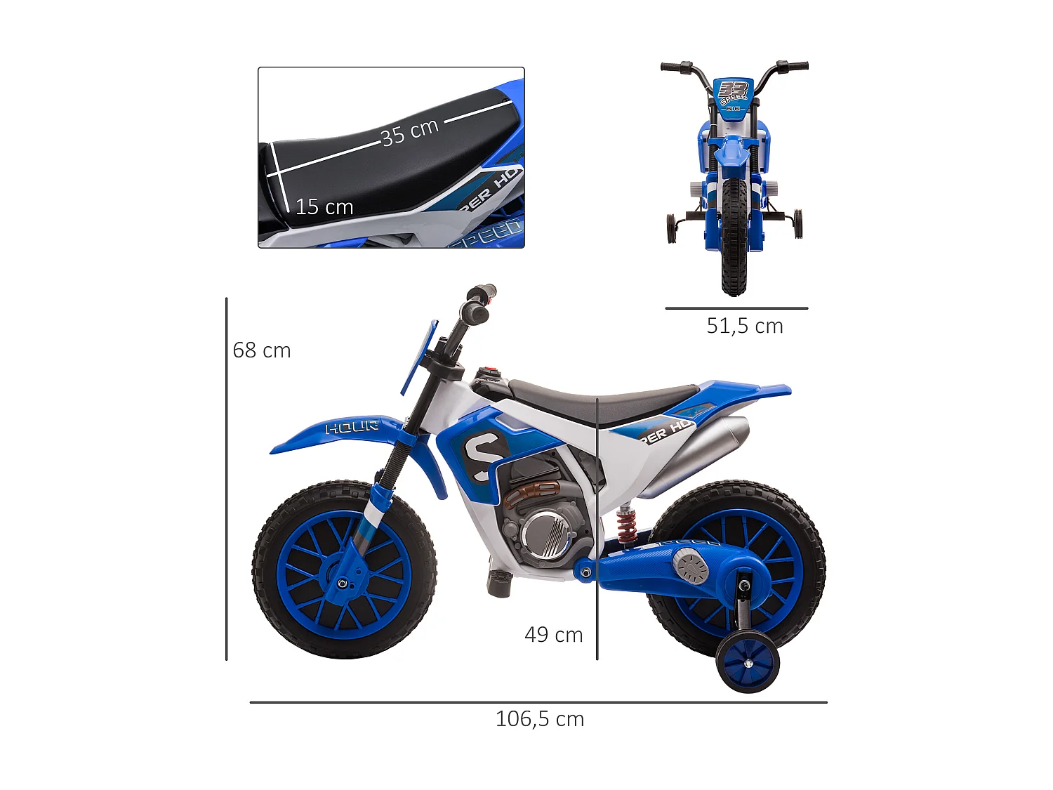 Moto cross électrique enfant 3 à 5 ans 12 V 3-8 Km/h  avec roulettes latérales amovibles dim. 106,5L x 51,5l x 68H cm bleu