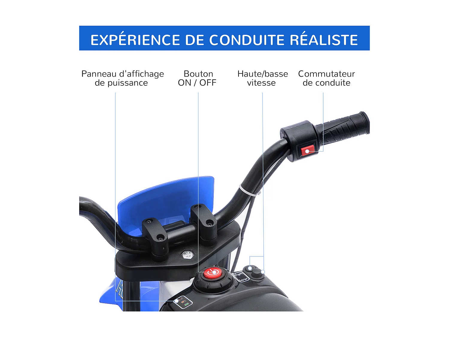 Moto cross électrique enfant 3 à 5 ans 12 V 3-8 Km/h  avec roulettes latérales amovibles dim. 106,5L x 51,5l x 68H cm bleu