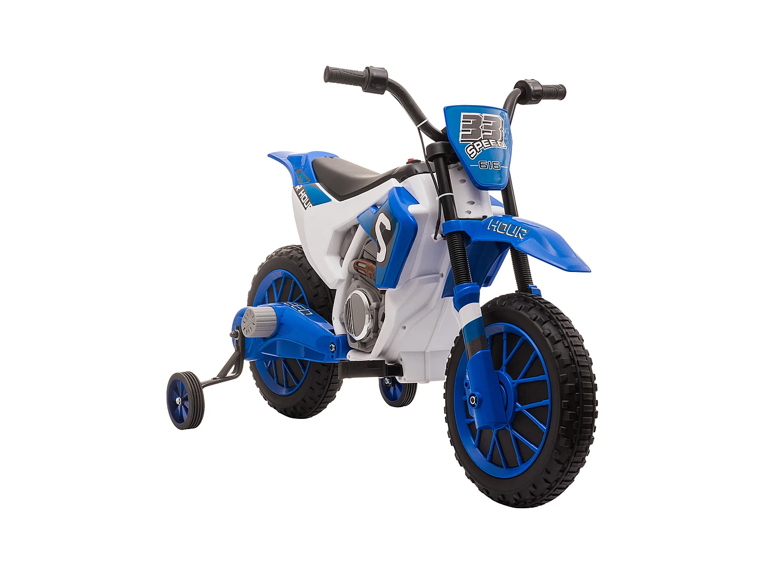 Moto cross électrique enfant 3 à 5 ans 12 V 3-8 Km/h  avec roulettes latérales amovibles dim. 106,5L x 51,5l x 68H cm bleu