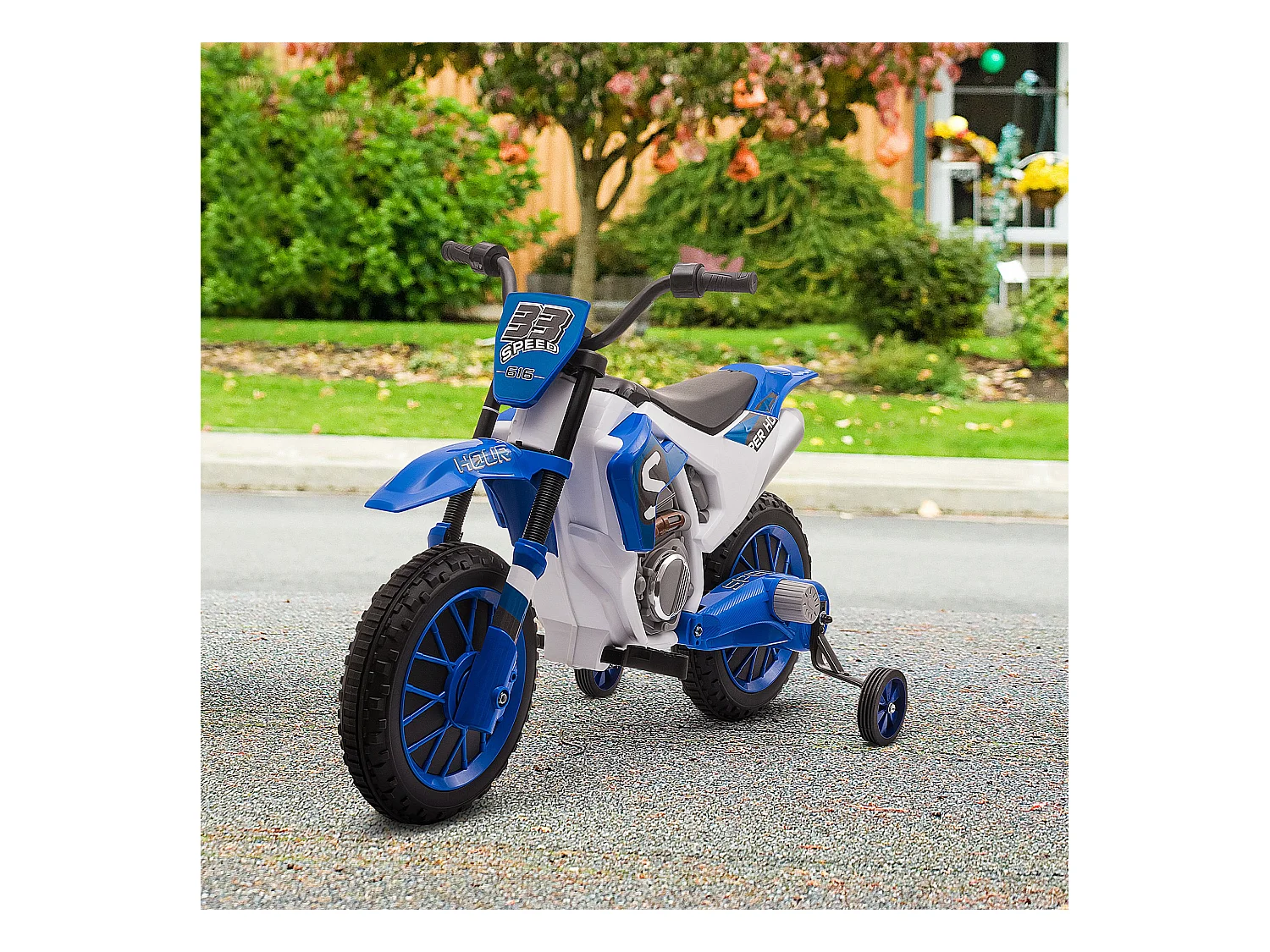 Moto cross électrique enfant 3 à 5 ans 12 V 3-8 Km/h  avec roulettes latérales amovibles dim. 106,5L x 51,5l x 68H cm bleu