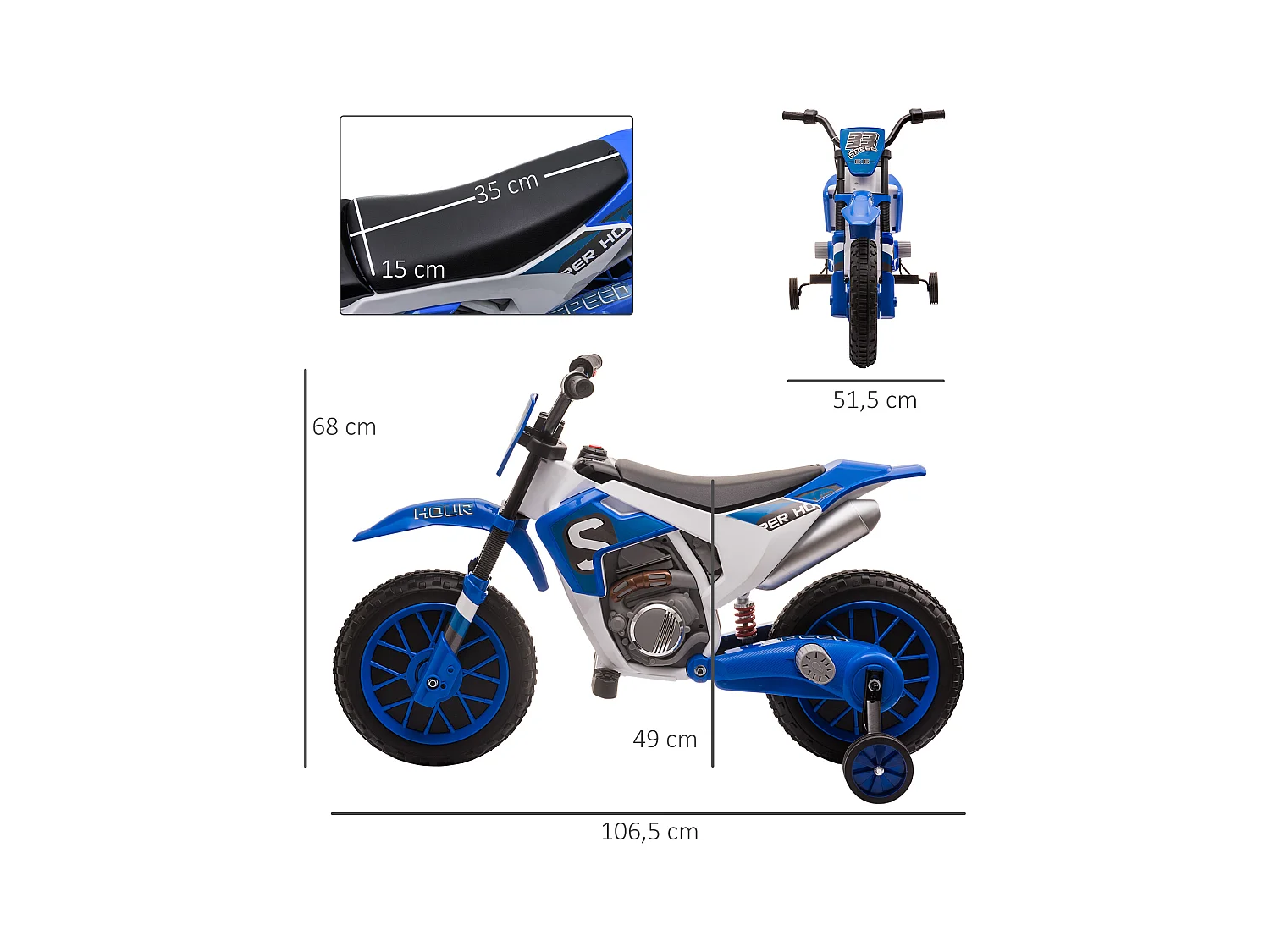 Moto cross électrique enfant 3 à 5 ans 12 V 3-8 Km/h  avec roulettes latérales amovibles dim. 106,5L x 51,5l x 68H cm bleu