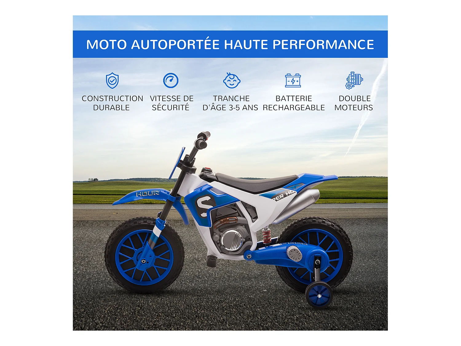 Moto cross électrique enfant 3 à 5 ans 12 V 3-8 Km/h  avec roulettes latérales amovibles dim. 106,5L x 51,5l x 68H cm bleu