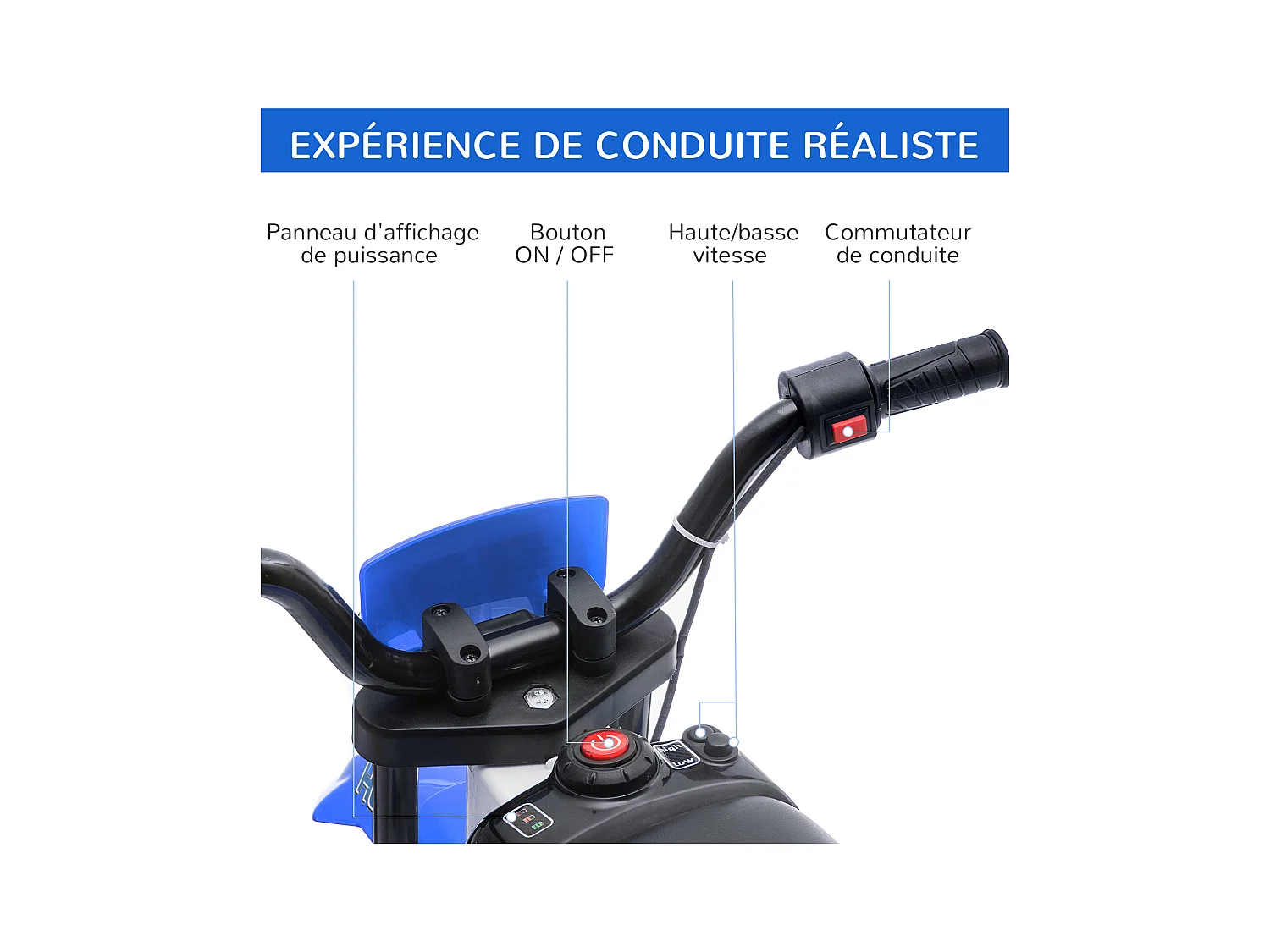 Moto cross électrique enfant 3 à 5 ans 12 V 3-8 Km/h  avec roulettes latérales amovibles dim. 106,5L x 51,5l x 68H cm bleu