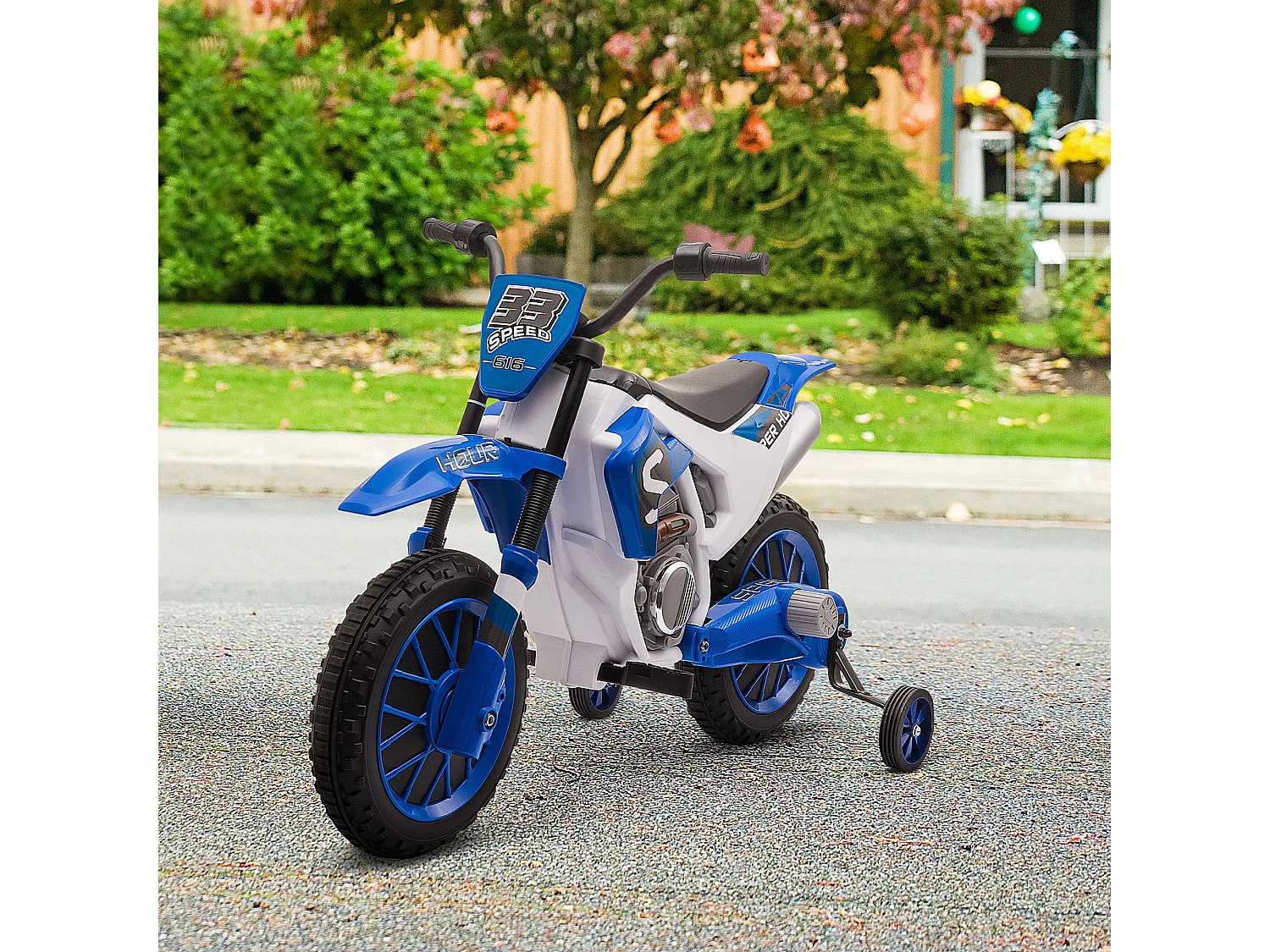 Moto cross électrique enfant 3 à 5 ans 12 V 3-8 Km/h  avec roulettes latérales amovibles dim. 106,5L x 51,5l x 68H cm bleu