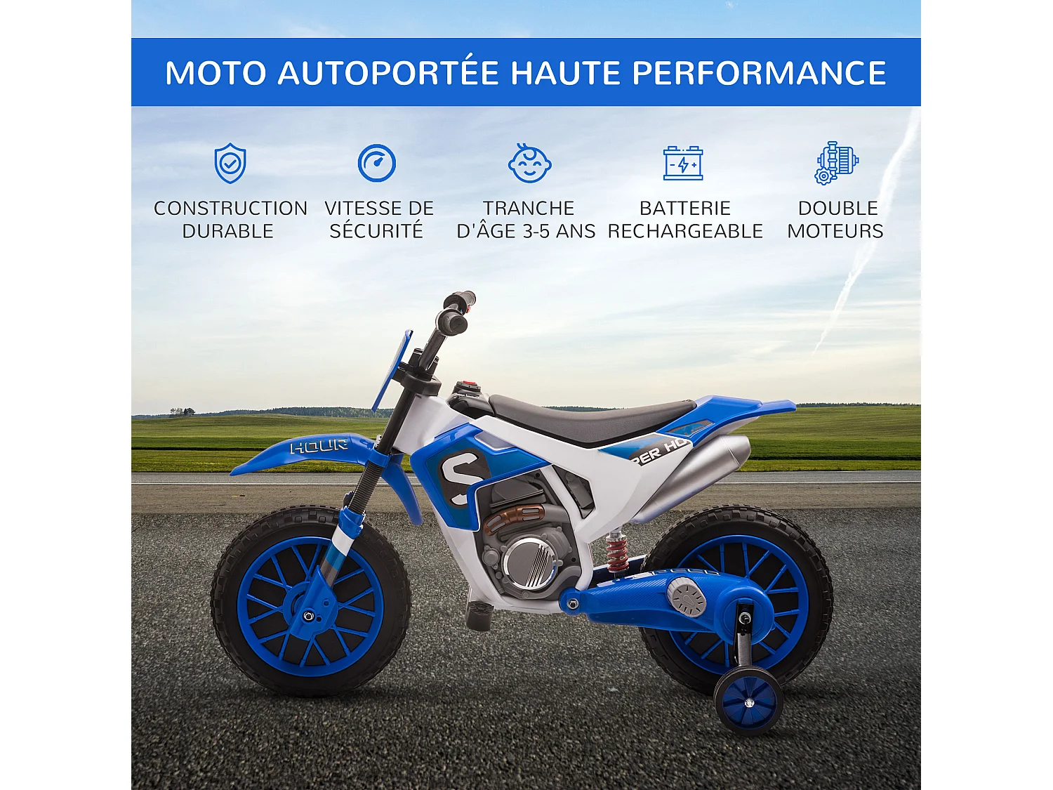Moto cross électrique enfant 3 à 5 ans 12 V 3-8 Km/h  avec roulettes latérales amovibles dim. 106,5L x 51,5l x 68H cm bleu