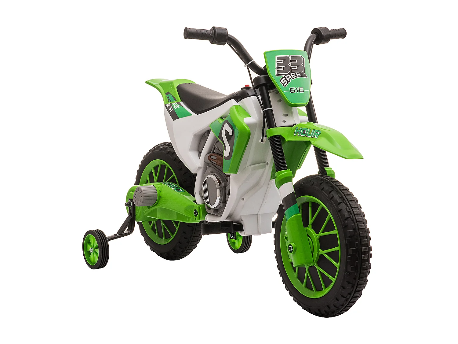 Moto cross électrique pour enfant 3 à 5 ans 12 V 3-8 Km/h avec roulettes latérales amovibles dim. 106,5L x 51,5l x 68H cm vert