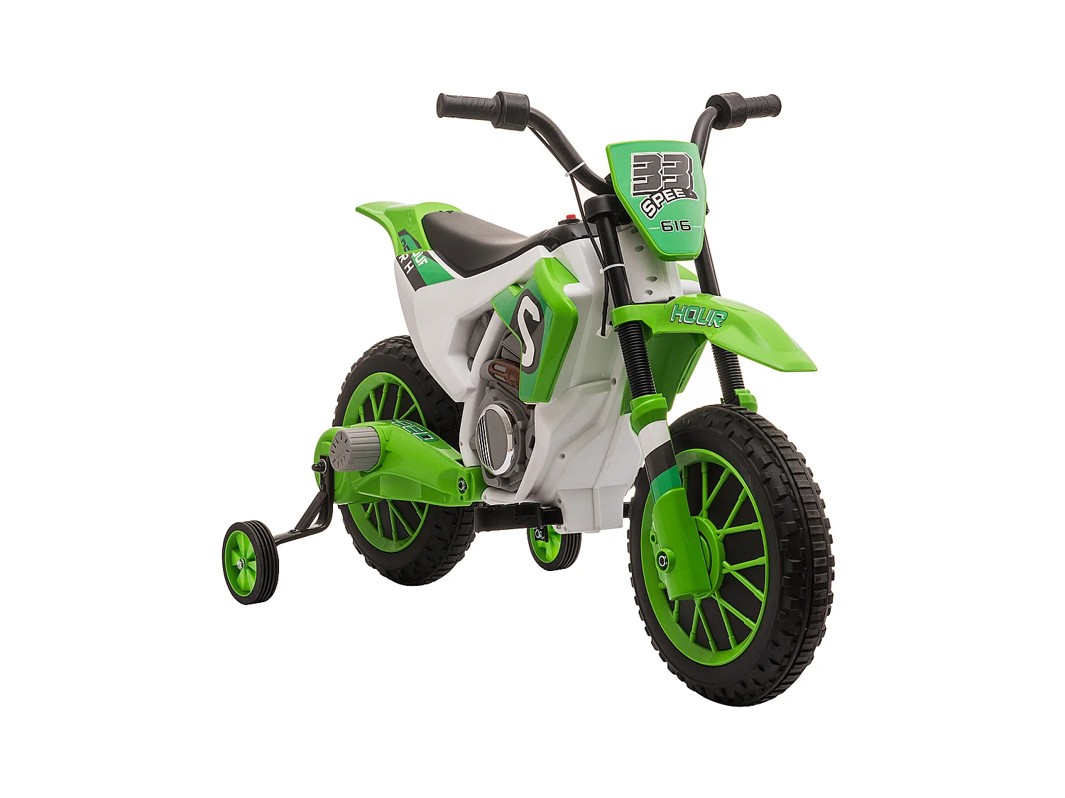 Moto cross électrique pour enfant 3 à 5 ans 12 V 3-8 Km/h avec roulettes latérales amovibles dim. 106,5L x 51,5l x 68H cm vert