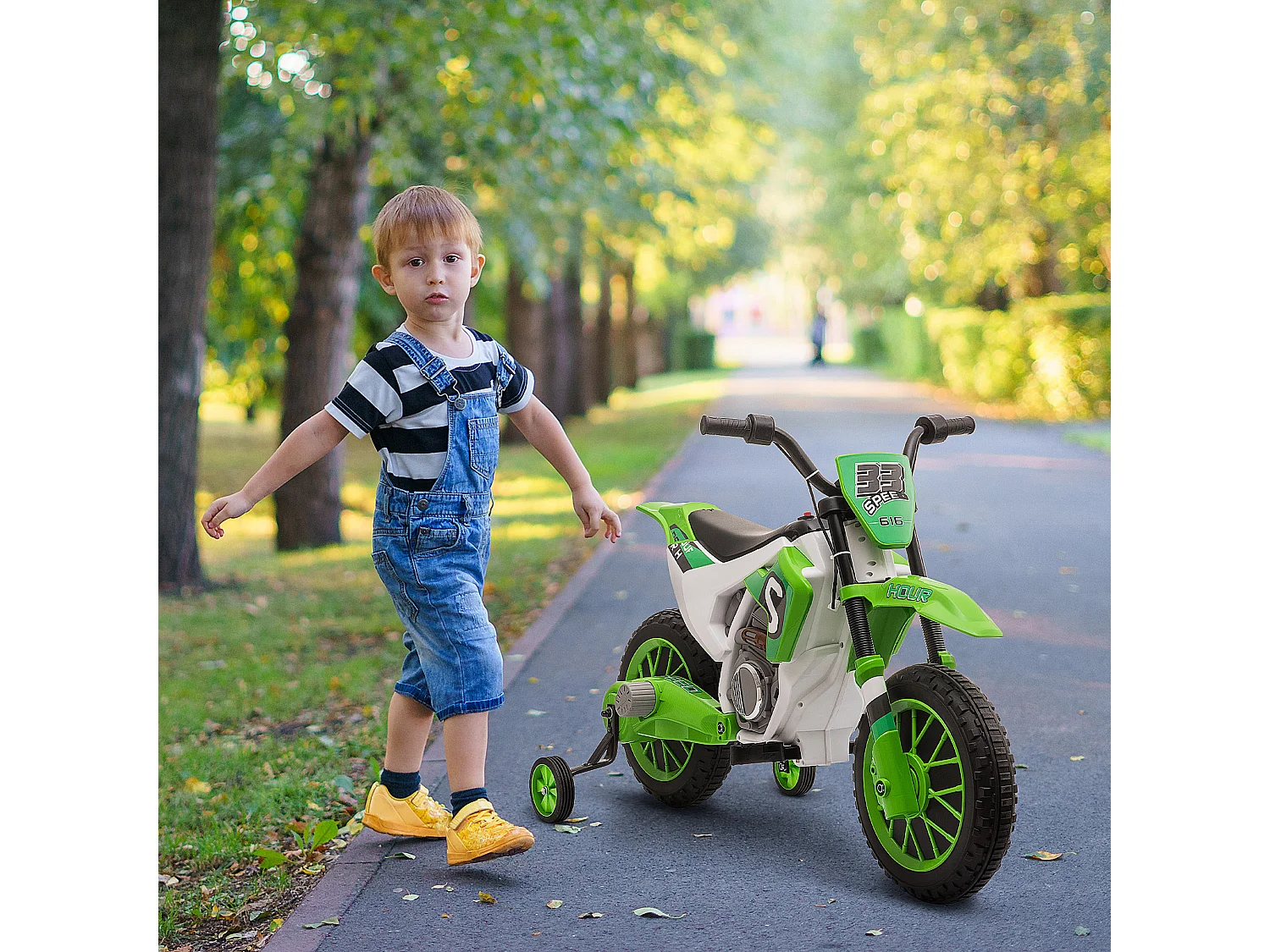 Moto cross électrique pour enfant 3 à 5 ans 12 V 3-8 Km/h avec roulettes latérales amovibles dim. 106,5L x 51,5l x 68H cm vert