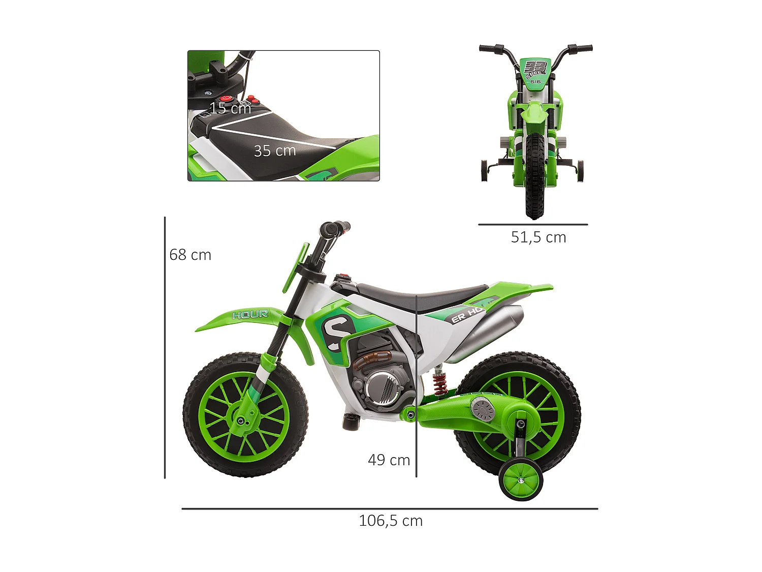 Moto cross électrique pour enfant 3 à 5 ans 12 V 3-8 Km/h avec roulettes latérales amovibles dim. 106,5L x 51,5l x 68H cm vert