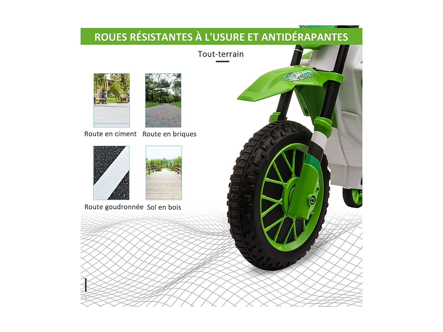 Moto cross électrique pour enfant 3 à 5 ans 12 V 3-8 Km/h avec roulettes latérales amovibles dim. 106,5L x 51,5l x 68H cm vert