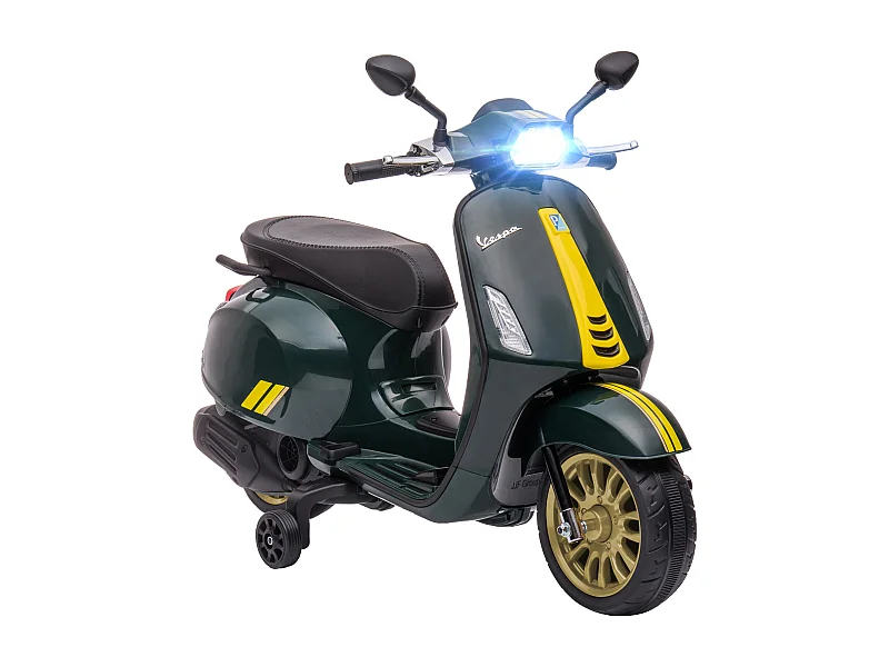 Scooter électrique enfant Vespa 6V - musiques, feu AV, entrée USB, radio FM - 2 roues support aux. - vert