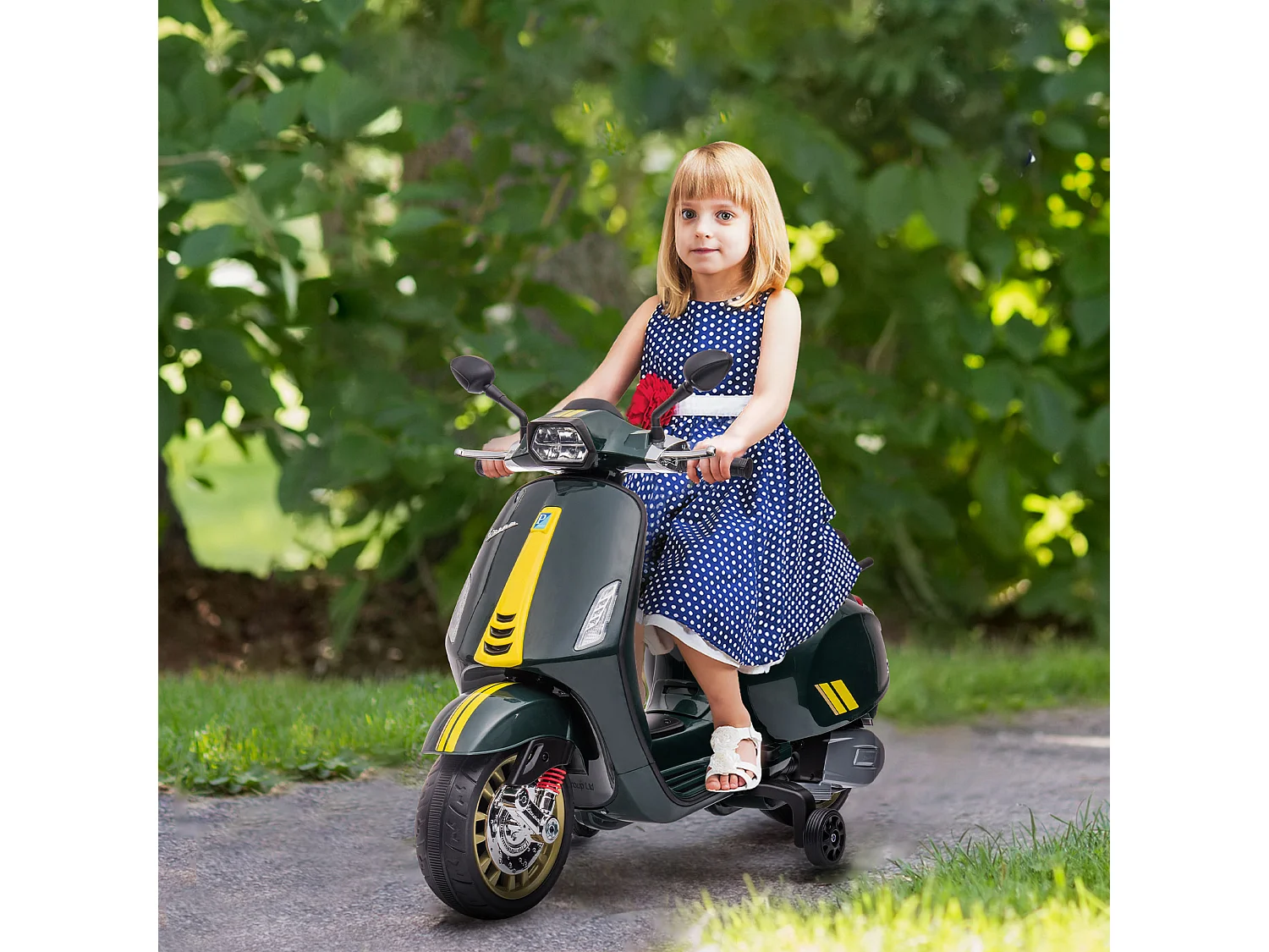 Scooter électrique enfant Vespa 6V - musiques, feu AV, entrée USB, radio FM - 2 roues support aux. - vert