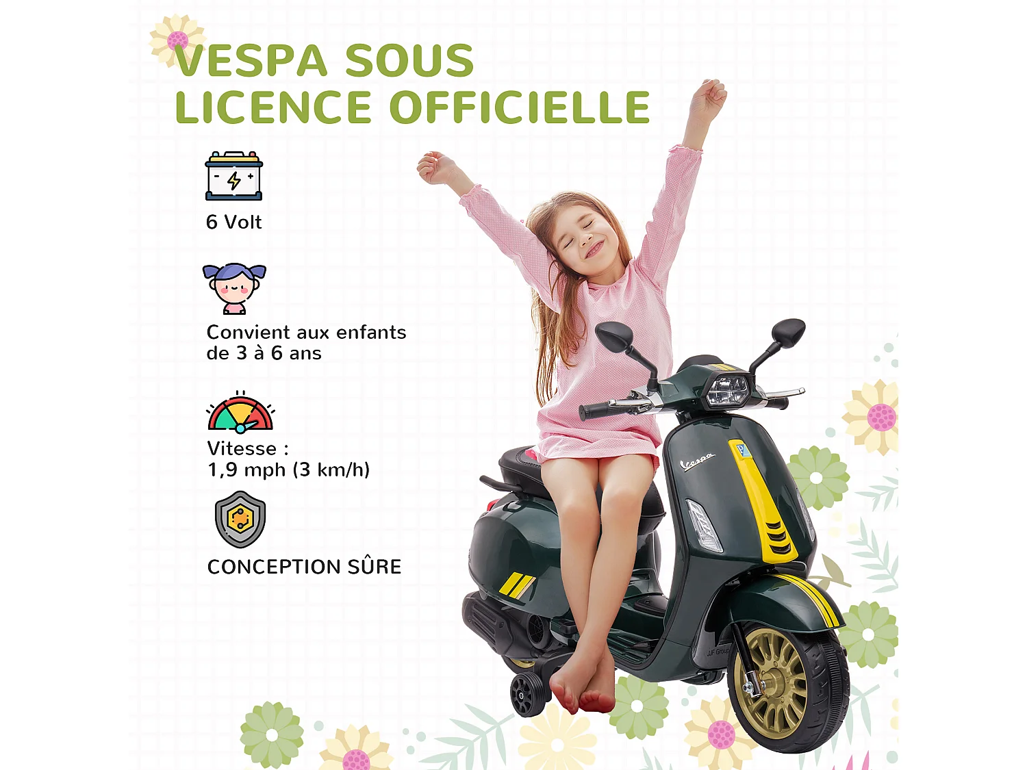 Scooter électrique enfant Vespa 6V - musiques, feu AV, entrée USB, radio FM - 2 roues support aux. - vert