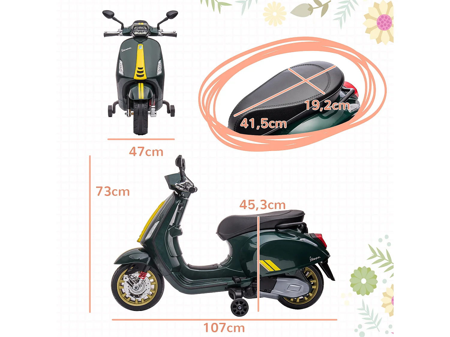 Scooter électrique enfant Vespa 6V - musiques, feu AV, entrée USB, radio FM - 2 roues support aux. - vert