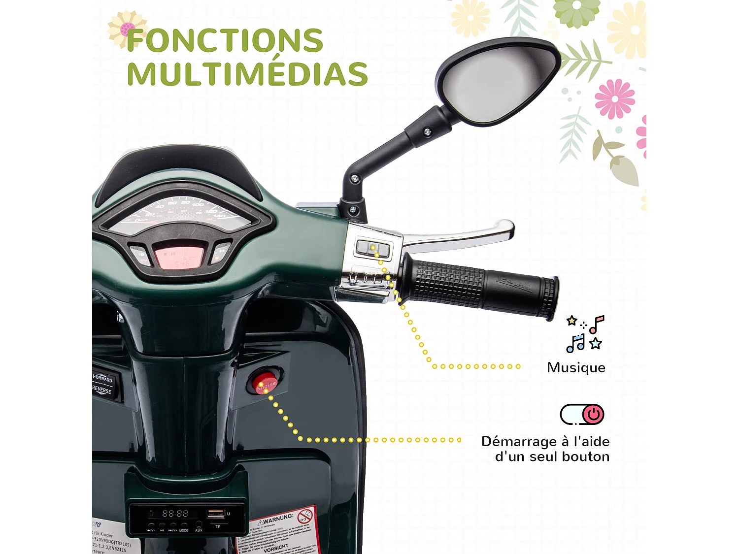 Scooter électrique enfant Vespa 6V - musiques, feu AV, entrée USB, radio FM - 2 roues support aux. - vert