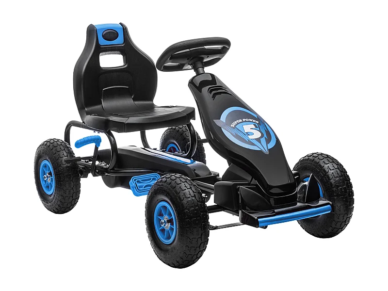 Kart à pédales enfant Go kart Formule 1 Racing Super Power 5 aileron avant pneus gonflables caoutchouc noir bleu