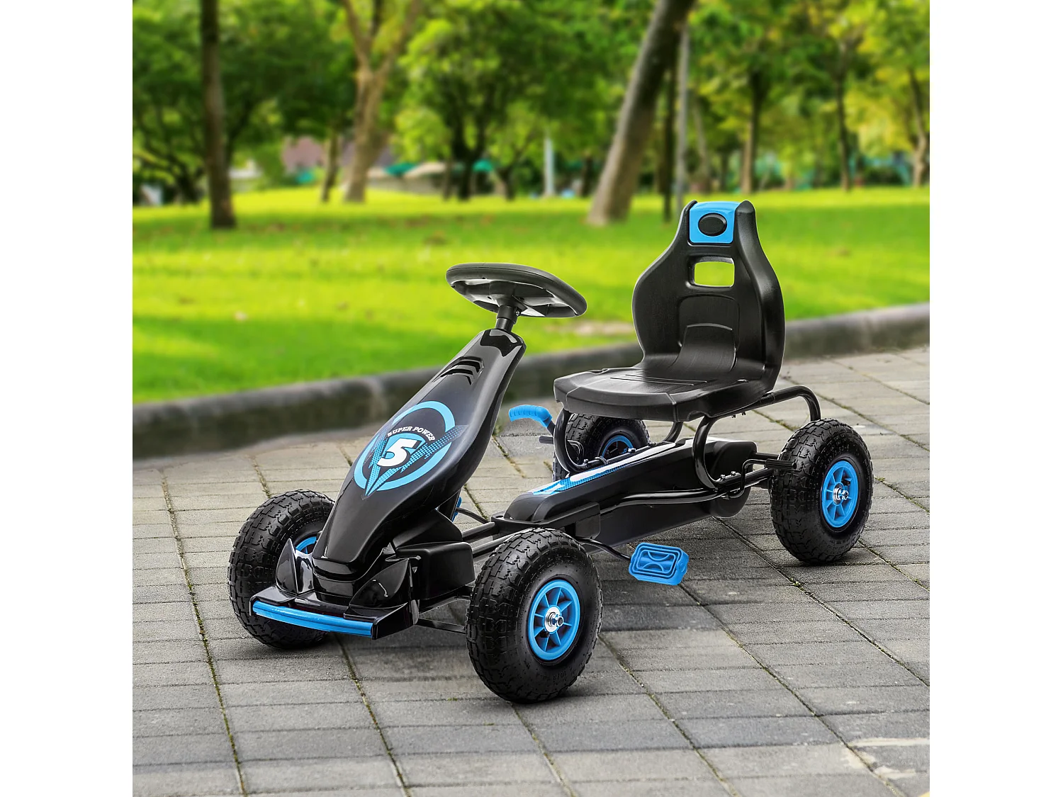Kart à pédales enfant Go kart Formule 1 Racing Super Power 5 aileron avant pneus gonflables caoutchouc noir bleu