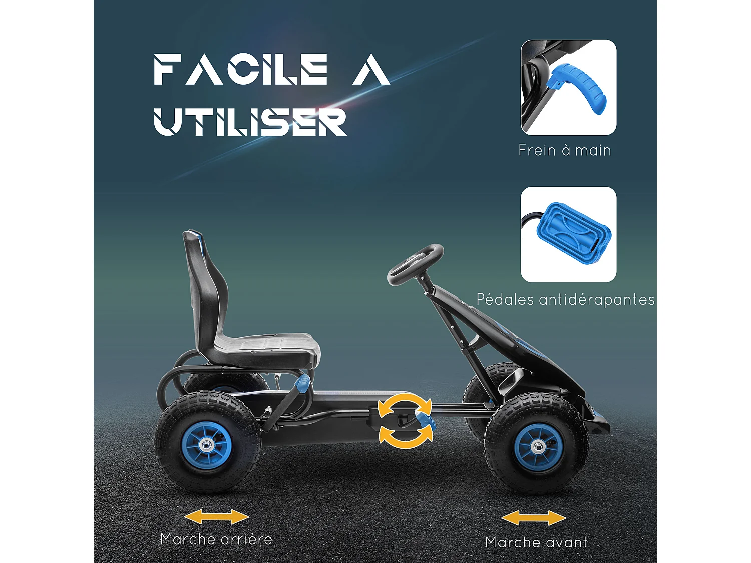 Kart à pédales enfant Go kart Formule 1 Racing Super Power 5 aileron avant pneus gonflables caoutchouc noir bleu