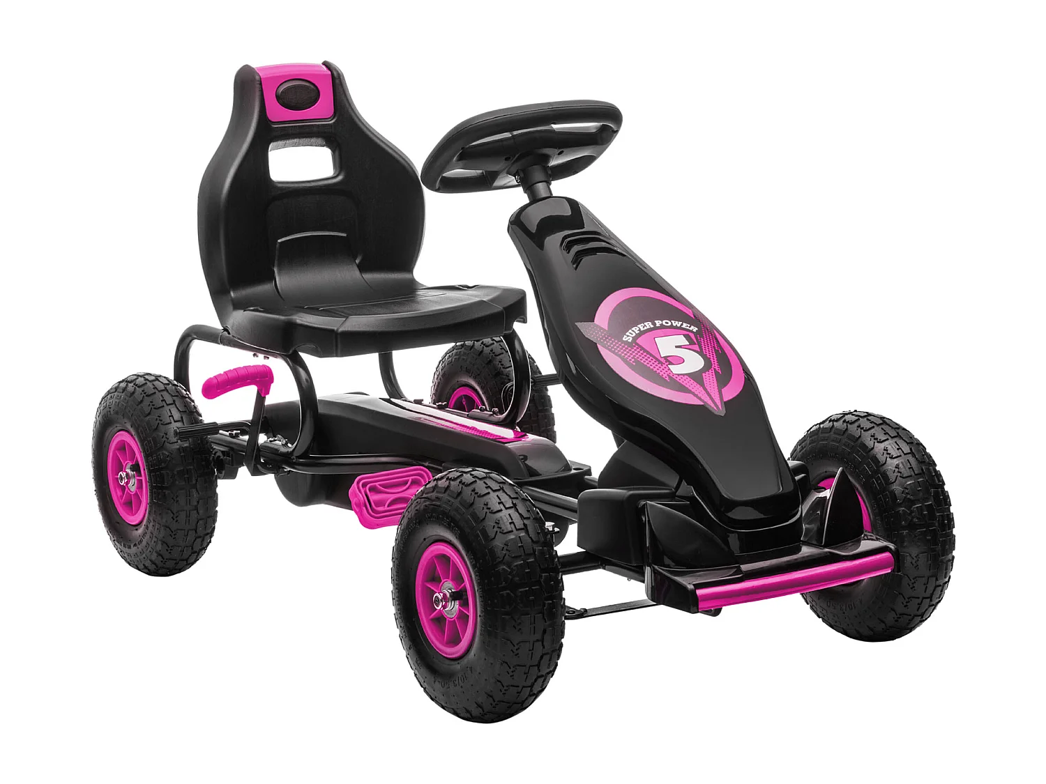 Kart à pédales enfant Go kart Formule 1 Racing Super Power 5 aileron avant pneus gonflables caoutchouc noir rose