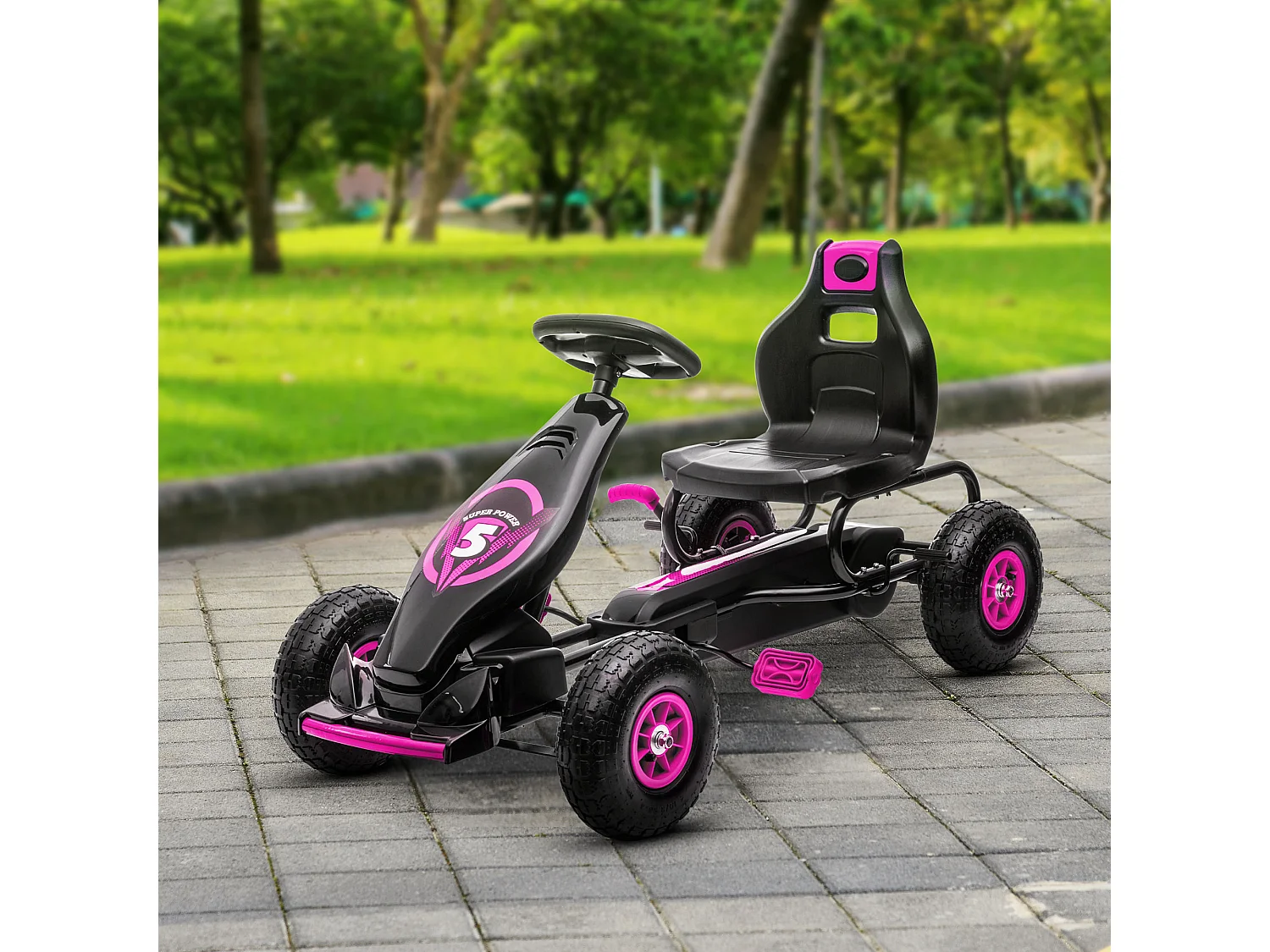 Kart à pédales enfant Go kart Formule 1 Racing Super Power 5 aileron avant pneus gonflables caoutchouc noir rose