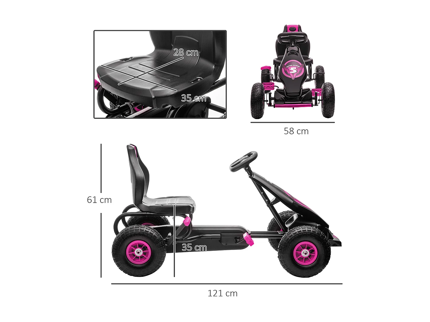 Kart à pédales enfant Go kart Formule 1 Racing Super Power 5 aileron avant pneus gonflables caoutchouc noir rose