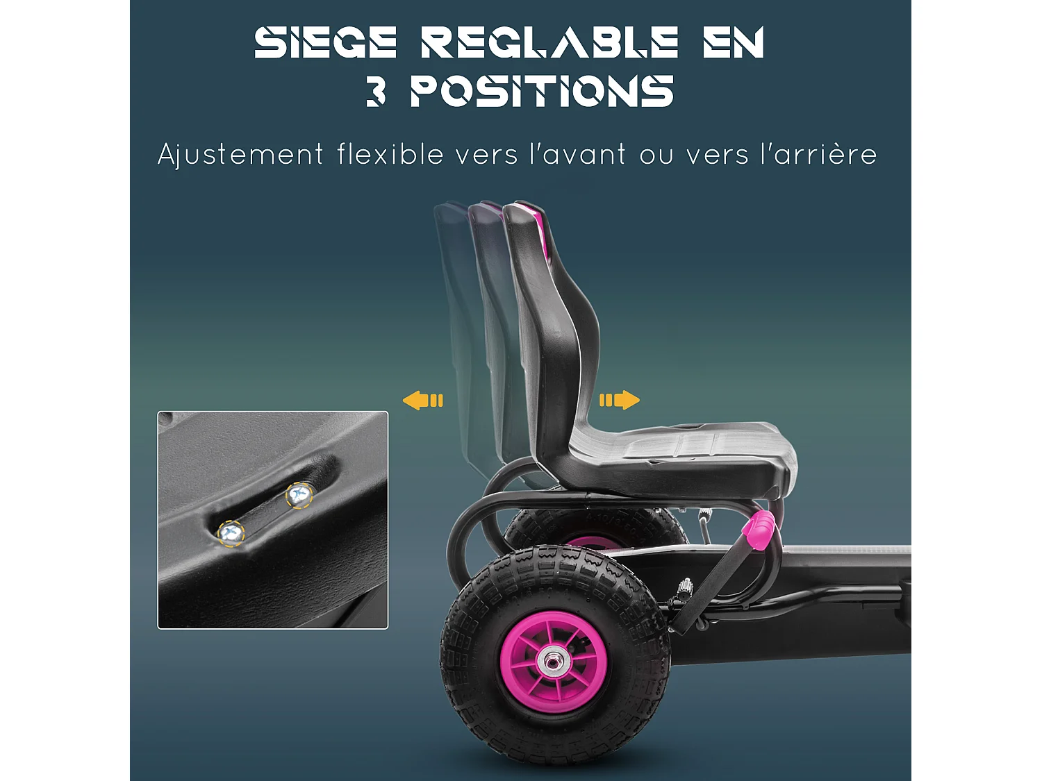 Kart à pédales enfant Go kart Formule 1 Racing Super Power 5 aileron avant pneus gonflables caoutchouc noir rose