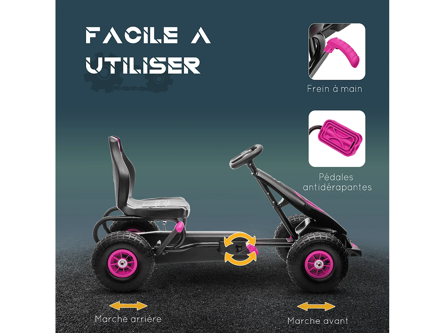 Kart à pédales enfant Go kart Formule 1 Racing Super Power 5 aileron avant pneus gonflables caoutchouc noir rose