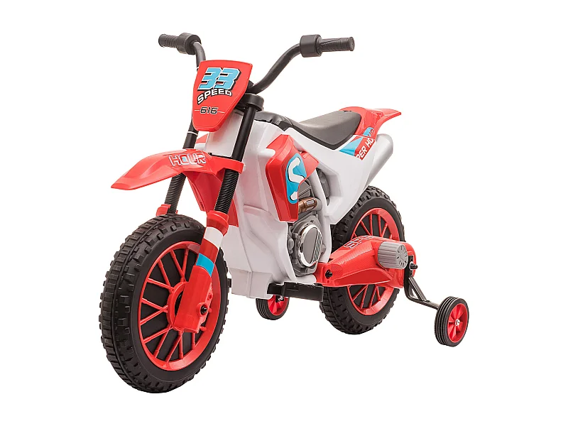 Moto cross électrique enfant 3 à 5 ans 12 V 3-8 Km/h  avec roulettes latérales amovibles dim. 106,5L x 51,5l x 68H cm rouge