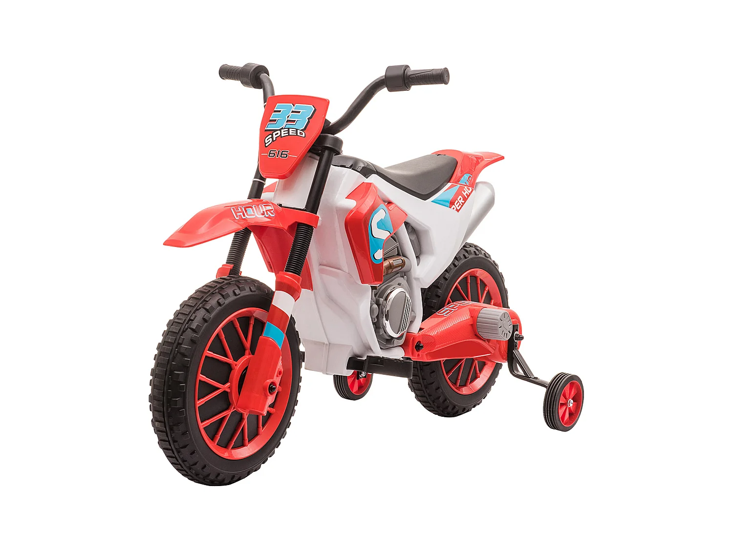 Moto cross électrique enfant 3 à 5 ans 12 V 3-8 Km/h  avec roulettes latérales amovibles dim. 106,5L x 51,5l x 68H cm rouge