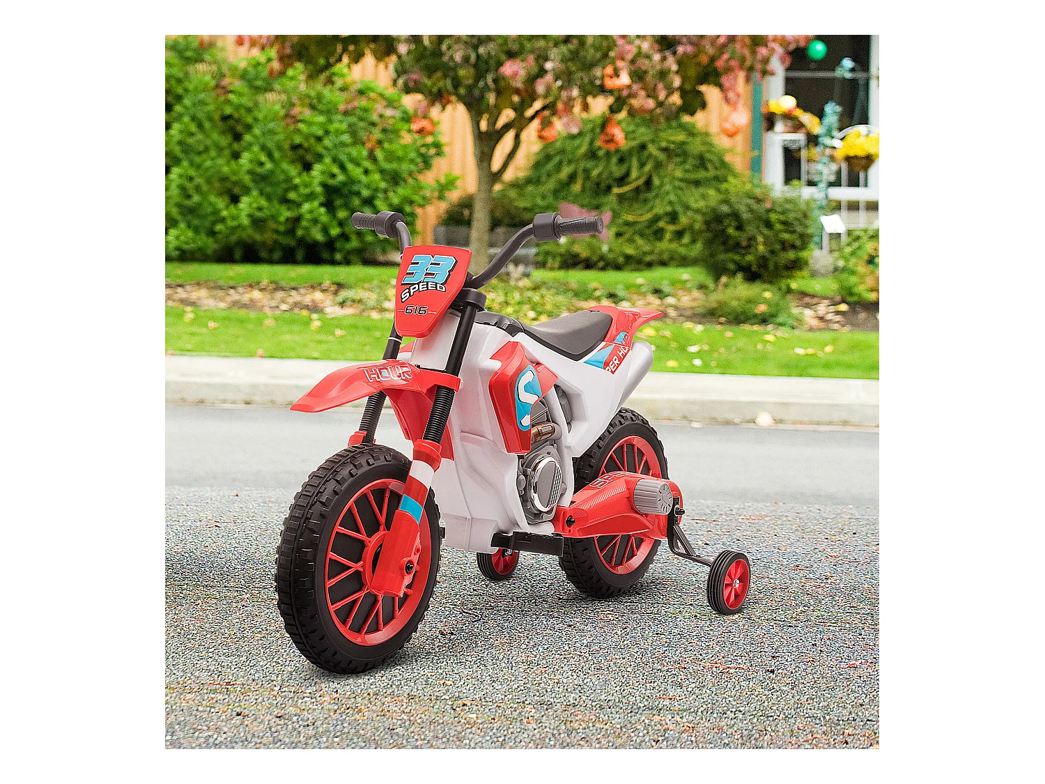 Moto cross électrique enfant 3 à 5 ans 12 V 3-8 Km/h  avec roulettes latérales amovibles dim. 106,5L x 51,5l x 68H cm rouge