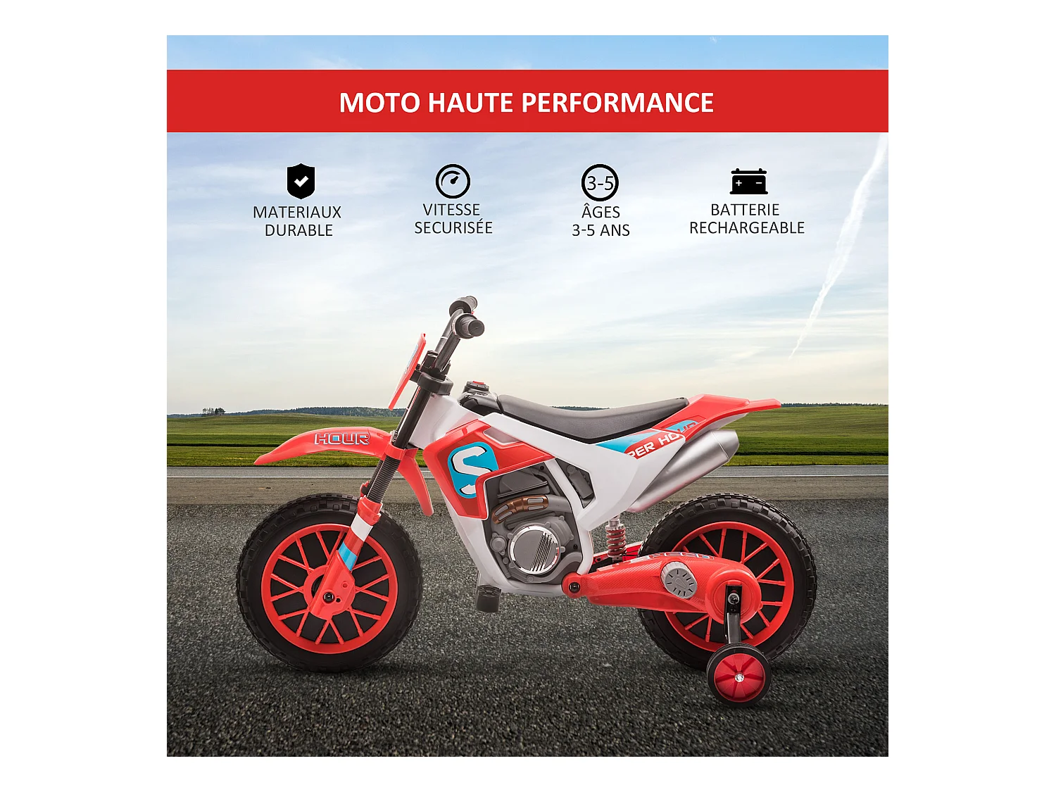 Moto cross électrique enfant 3 à 5 ans 12 V 3-8 Km/h  avec roulettes latérales amovibles dim. 106,5L x 51,5l x 68H cm rouge