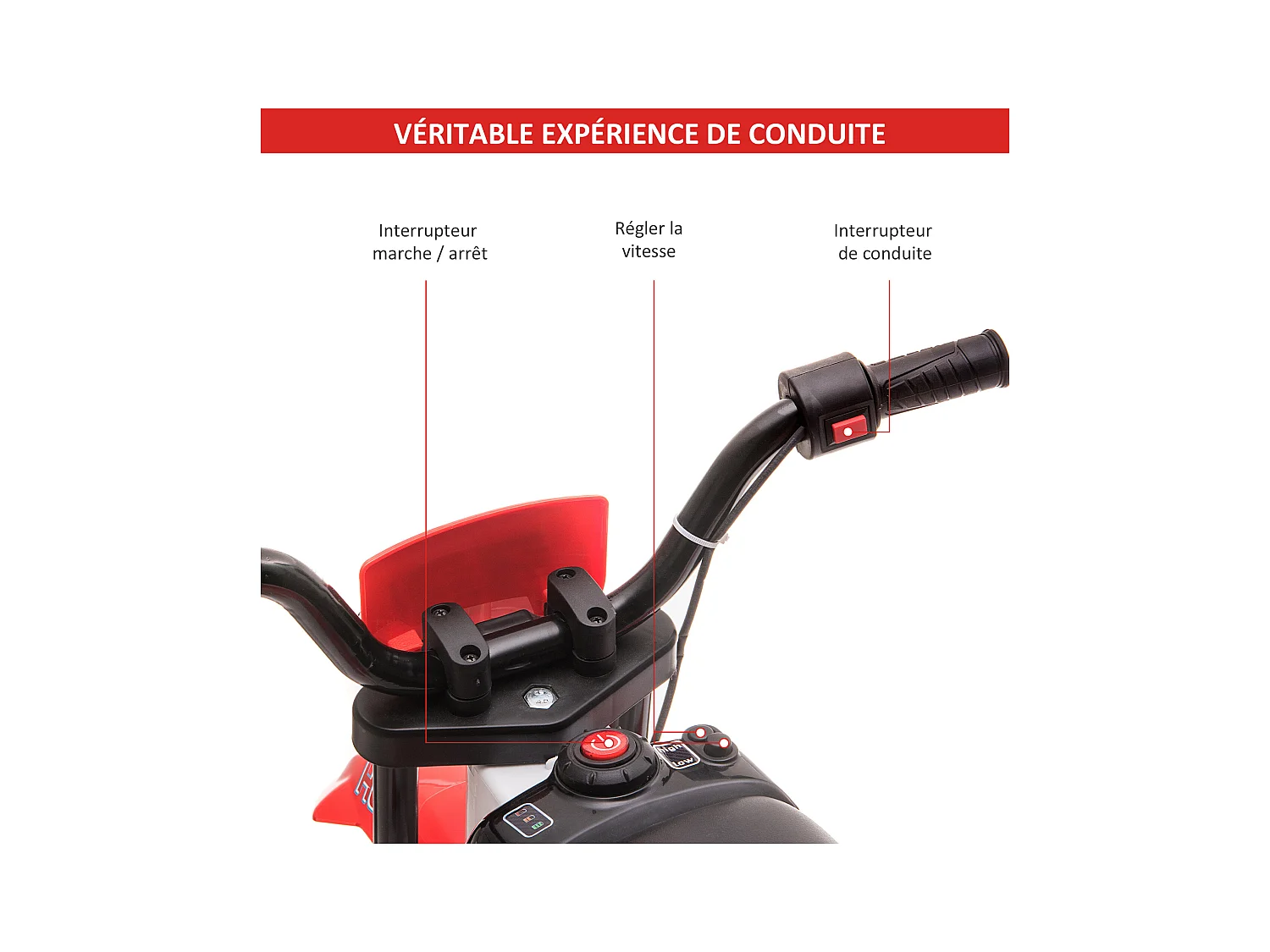 Moto cross électrique enfant 3 à 5 ans 12 V 3-8 Km/h  avec roulettes latérales amovibles dim. 106,5L x 51,5l x 68H cm rouge