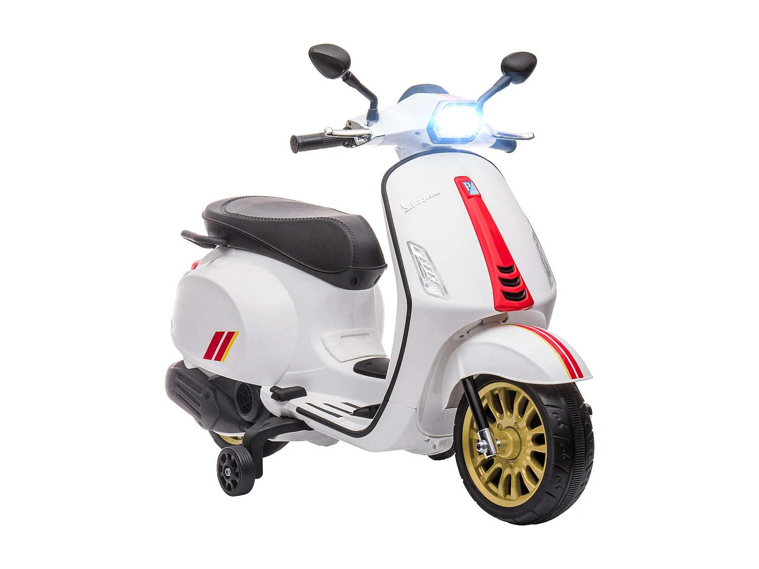 Scooter électrique enfant Vespa 6V - musiques, feu AV, entrée USB, radio FM - 2 roues support aux. - blanc