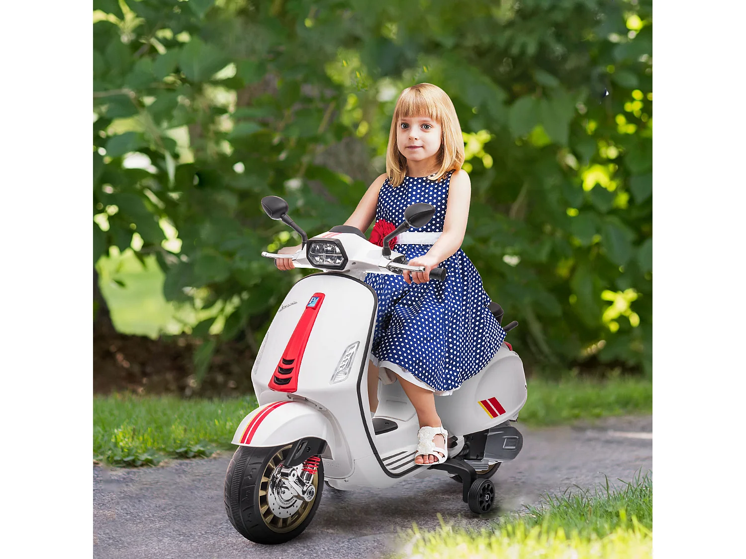 Scooter électrique enfant Vespa 6V - musiques, feu AV, entrée USB, radio FM - 2 roues support aux. - blanc