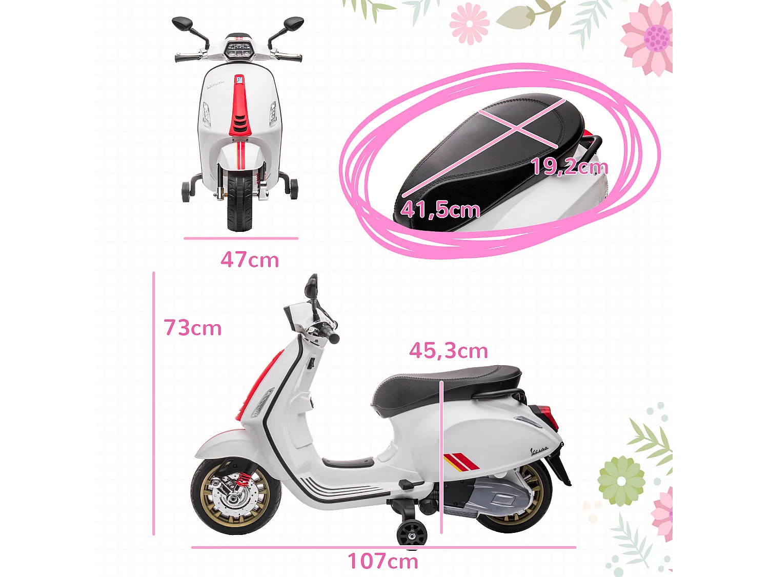 Scooter électrique enfant Vespa 6V - musiques, feu AV, entrée USB, radio FM - 2 roues support aux. - blanc