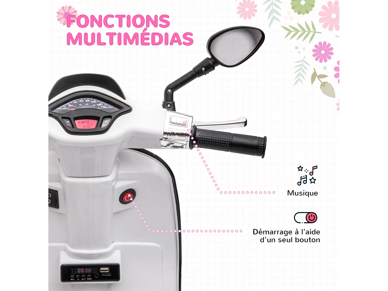 Scooter électrique enfant Vespa 6V - musiques, feu AV, entrée USB, radio FM - 2 roues support aux. - blanc